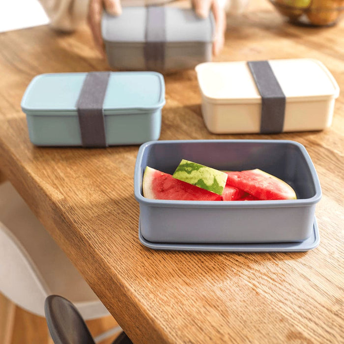 Seasons Dovi 800 ml Lunch Box - A set of three rectangular lunch boxes in blue, cream, and grey, with a grey strap, containing watermelon slices.