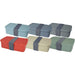 Seasons Dovi 800 ml Lunch Box - A set of five lunch boxes in various colours: red, light blue, grey, beige, and green, each with a grey strap.
