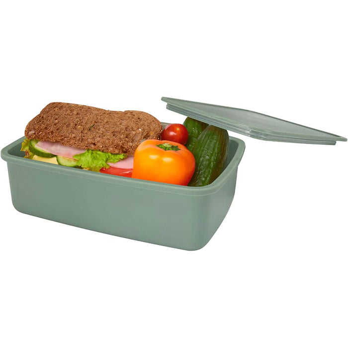 Seasons Dovi 800 ml Lunch Box - A green lunch box with a sandwich, cucumber, a tomato, and a bell pepper, topped with a lid. It features a logo.