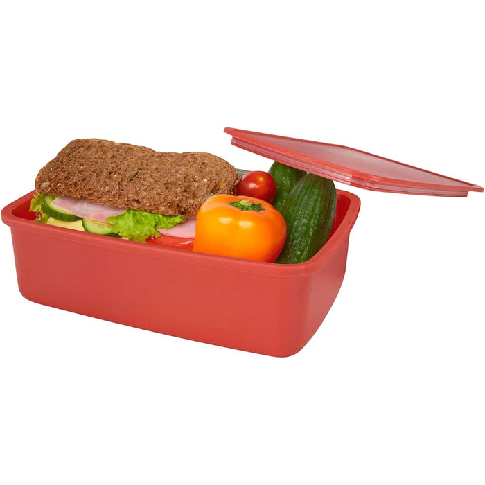 Seasons Dovi 800 ml Lunch Box - A red lunch box with a sandwich, a cucumber, a tomato, and a yellow capsicum inside. It has a transparent lid.