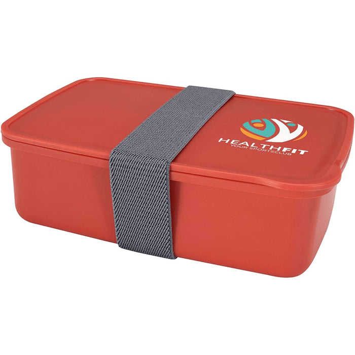 Seasons Dovi 800 ml Lunch Box - A red lunch box with a grey strap and a logo on the side, featuring a rectangular design.