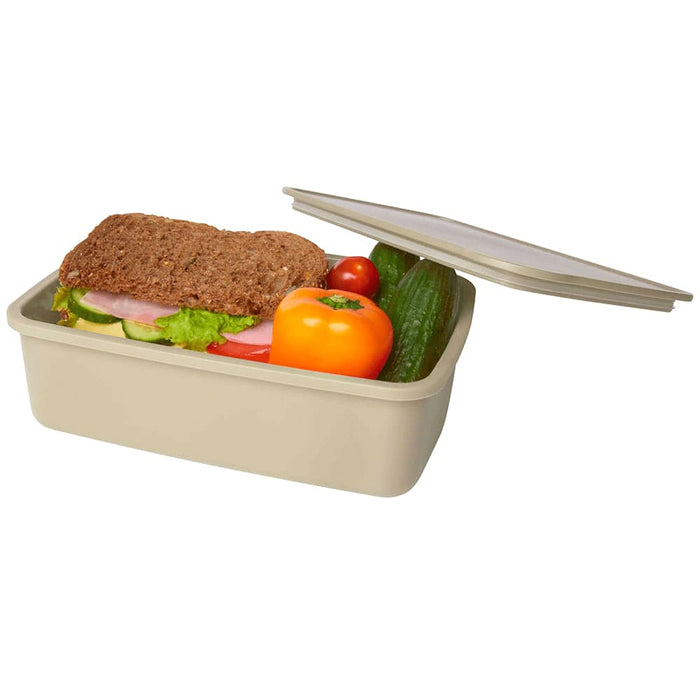 Seasons Dovi 800 ml Lunch Box - A beige lunch box containing a sandwich, tomato, cucumber, and capsicum, with a lid partially open.