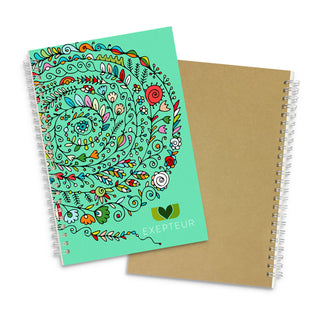 Lancia Full Colour Notebook - Medium - A medium-sized notebook with a vibrant turquoise cover featuring intricate floral designs and a plain kraft back.