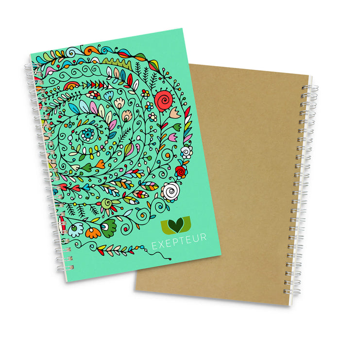 Lancia Full Colour Notebook - Medium - A medium-sized notebook with a vibrant turquoise cover featuring intricate floral designs and a plain kraft back.