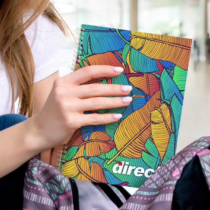 Lancia Full Colour Notebook - Large - A large notebook featuring a vibrant, multicoloured leaf design and a logo on the front cover.