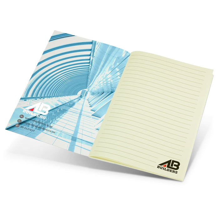 Camri Full Colour Notebook - Medium - A medium notebook with a blue and white cover design and lined pages, featuring a logo on the bottom right.