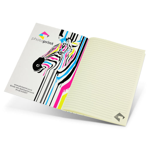 Camri Full Colour Notebook - Large - A large, full-colour notebook featuring a zebra illustration in bright pink, blue, and yellow, with lined pages.