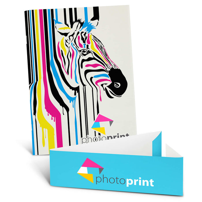 Camri Full Colour Notebook - Large - A large notebook with a vibrant zebra design featuring bold stripes in pink, blue, and black, alongside a branding box.