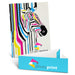 Camri Full Colour Notebook - Large - A large notebook with a vibrant zebra design featuring bold stripes in pink, blue, and black, alongside a branding box.