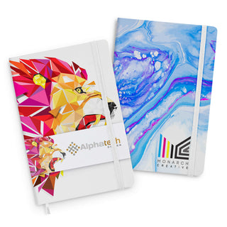 Supra Full Colour Notebook - A set of two notebooks featuring vibrant designs: a lion graphic in red and a blue marbled pattern. Both have logos.
