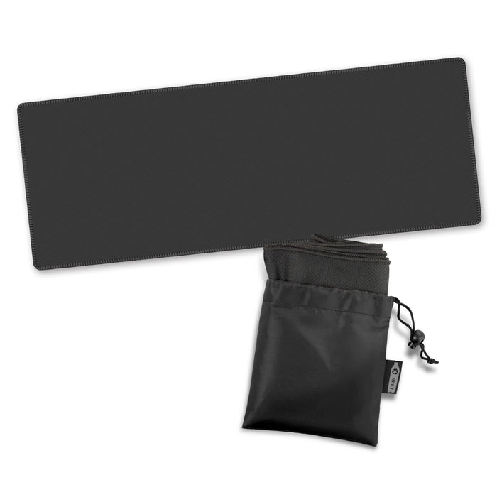 RPET Cooling Towel - A black RPET cooling towel folded in a compact pouch. The pouch features a drawstring closure.