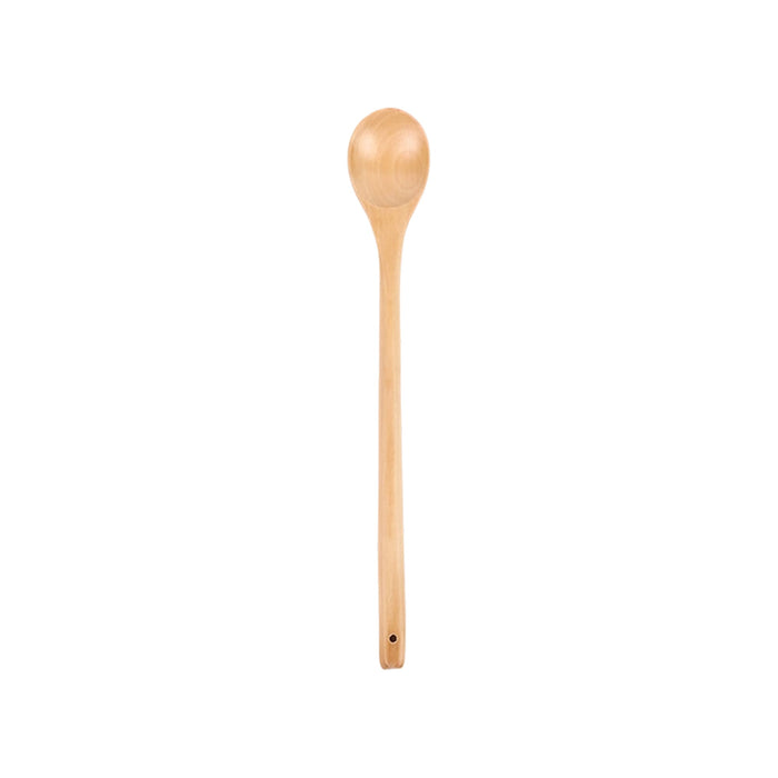 Long Handle Wooden Spoon - A long handle wooden spoon in a natural wood colour, featuring a rounded bowl and a hole for hanging.