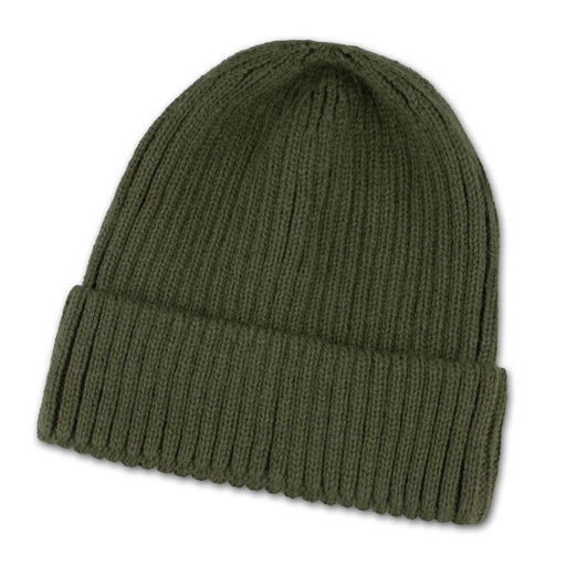 Denali Beanie - A green beanie with a ribbed design, featuring a folded cuff. It has a logo on it.