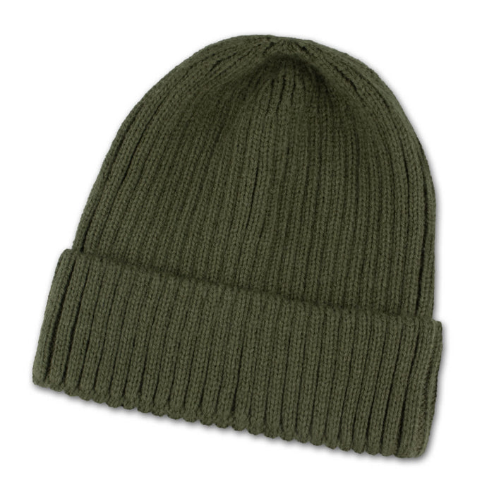 Denali Beanie - A green beanie with a ribbed design, featuring a folded cuff. It has a logo on it.