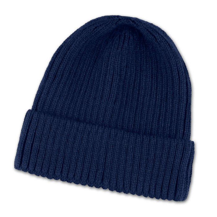 Denali Beanie - A navy blue beanie with a ribbed texture and a folded cuff, featuring a logo on the side.