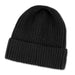 Denali Beanie - A black knitted beanie with a rolled cuff and a textured finish. It features a logo on the side.