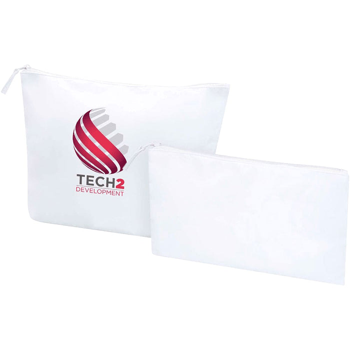 Swift GRS Recycled Toiletry Bag Set - A set of two white toiletry bags, one large and one small, featuring a logo on the front.