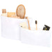 Swift GRS Recycled Toiletry Bag Set - A set of two white toiletry bags containing a hairbrush, toothbrush, toiletries, and other grooming items.