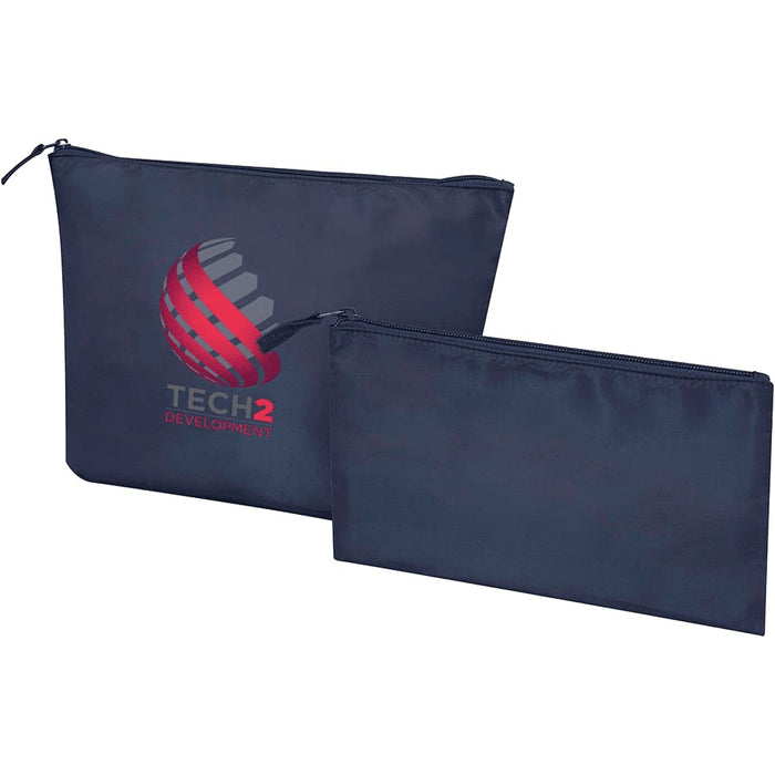 Swift GRS Recycled Toiletry Bag Set - A set of two navy blue toiletry bags, one larger and one smaller, featuring a logo.