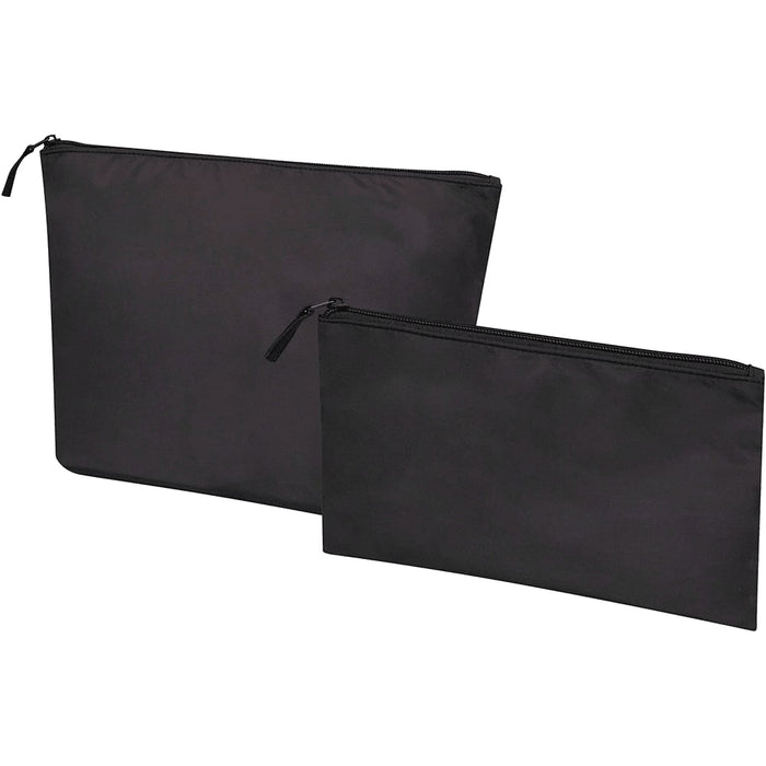 Swift GRS Recycled Toiletry Bag Set - A black recycled toiletry bag set featuring a large and a small zippered pouch. Both bags have a logo.