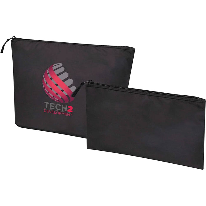 Swift GRS Recycled Toiletry Bag Set - A set of two black toiletry bags with zippers, featuring a logo on the larger bag.