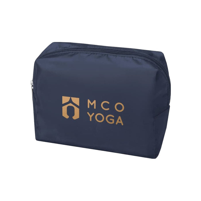 Muse GRS RPET Toiletry Bag - A navy toiletry bag with a gold logo, featuring a zip closure and rectangular shape.