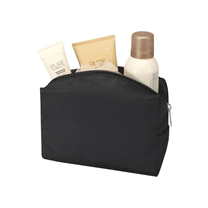 Muse GRS RPET Toiletry Bag - A black toiletry bag containing small bottles and tubes of personal care products. It features a zip closure and has a logo.