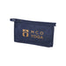 Muse GRS RPET Toiletry Pouch - A navy blue toiletry pouch with a zippered closure and a branding logo on one side.
