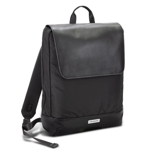 Moleskine Metro Slim Backpack - A sleek black backpack with a flap closure, featuring padded back straps and a brand logo on the front.