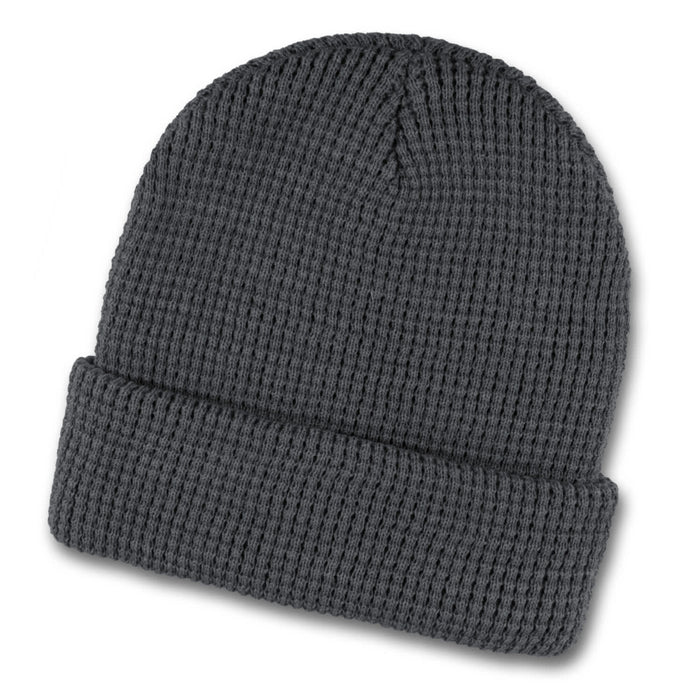 Galway Waffle Beanie - A dark grey waffle knit beanie with a folded cuff and textured design, featuring a logo.