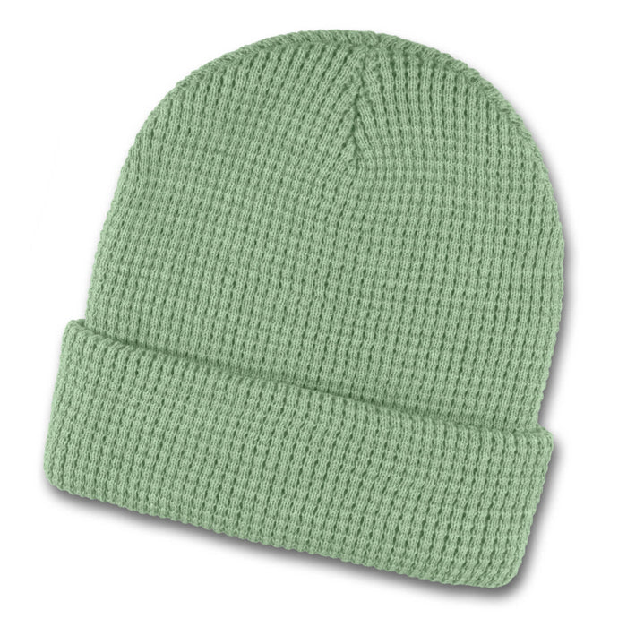 Galway Waffle Beanie - A green Galway Waffle Beanie with a textured knit design and a folded cuff. Features a logo.