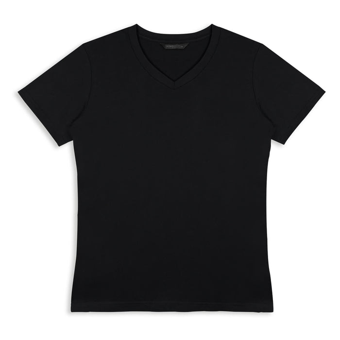 TRENDSWEAR Viva Womens T-Shirt - A black women's t-shirt with a v-neck design, featuring short sleeves and a fitted style. It has a logo.