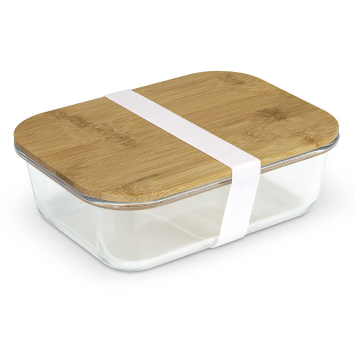 NATURA Iris Glass Lunch Box - A glass lunch box with a bamboo lid, secured with a white band.