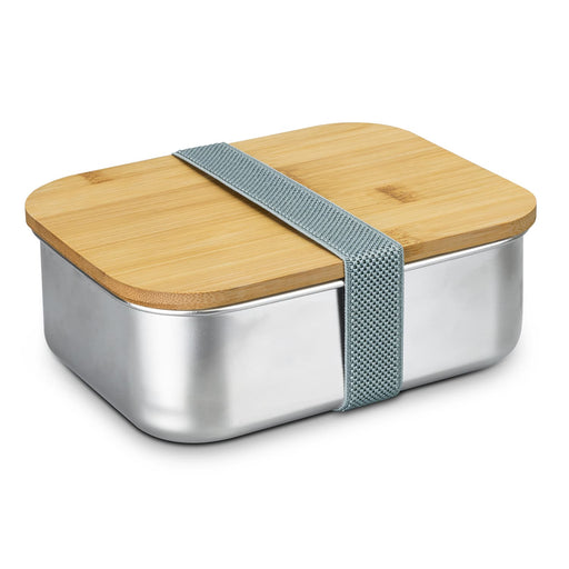NATURA Stainless Steel Lunch Box - A stainless steel lunch box with a bamboo lid, secured by a grey elastic strap. It has a shiny silver base.