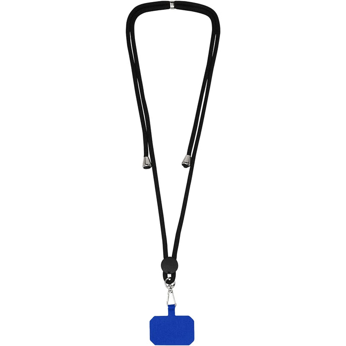 Kubi Phone Lanyard - A black lanyard with a blue rectangular holder at the end, featuring a metal clip.