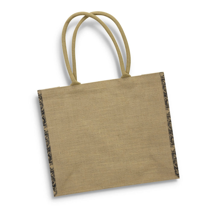 Modena Jute Tote Bag - A jute tote bag in a natural beige colour with patterned edges and two sturdy handles. It features a brand logo.