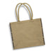 Modena Jute Tote Bag - A jute tote bag in a natural beige colour with patterned edges and two sturdy handles. It features a brand logo.
