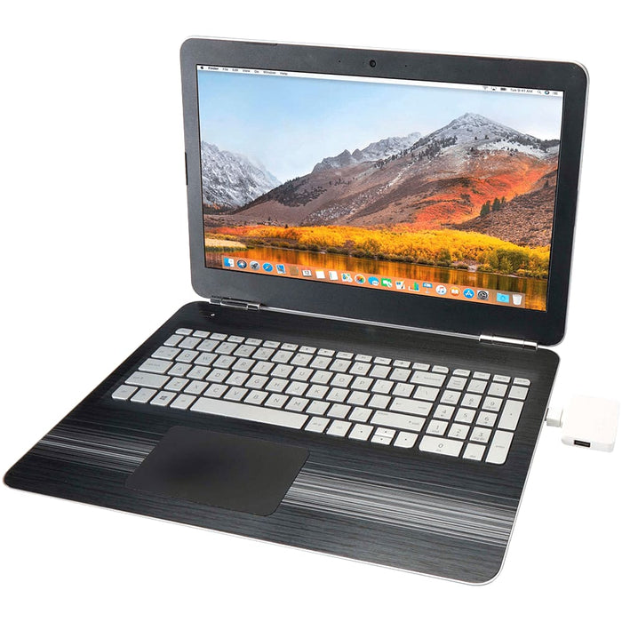 Gaia 4-Port USB Hub w/  USB-A & Type-C Output & Dual Input - A laptop with a black and silver design, featuring a keyboard and a screen displaying a scenic desktop background.