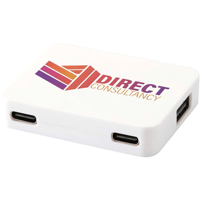 Gaia 4-Port USB Hub w/  USB-A & Type-C Output & Dual Input - A white 4-port USB hub featuring USB-A and Type-C outputs, with a logo printed on the surface.