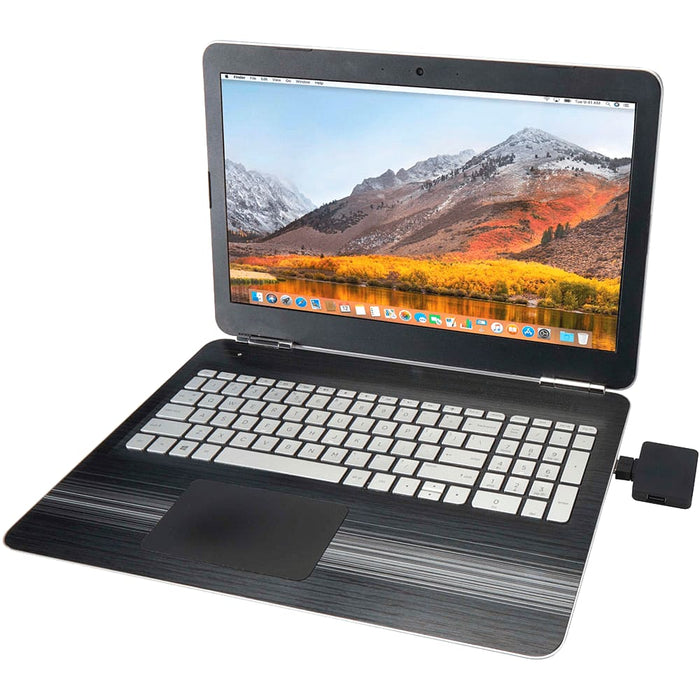 Gaia 4-Port USB Hub w/  USB-A & Type-C Output & Dual Input - A laptop with a striped design, displaying a mountain scenery, and connected to a device on the side.