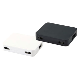 Gaia 4-Port USB Hub w/  USB-A & Type-C Output & Dual Input - A black and white 4-port USB hub featuring USB-A and Type-C outputs with dual input options. It includes a logo.