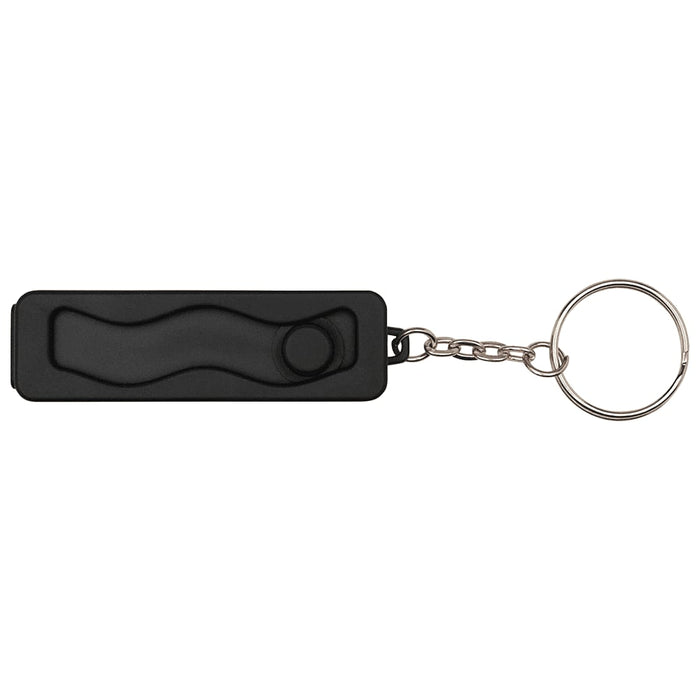 Aggia Recycled Plastic Phone Stand w/ Fidget Toy - A black recycled plastic phone stand with a fidget toy attached, featuring a keyring for easy carrying.