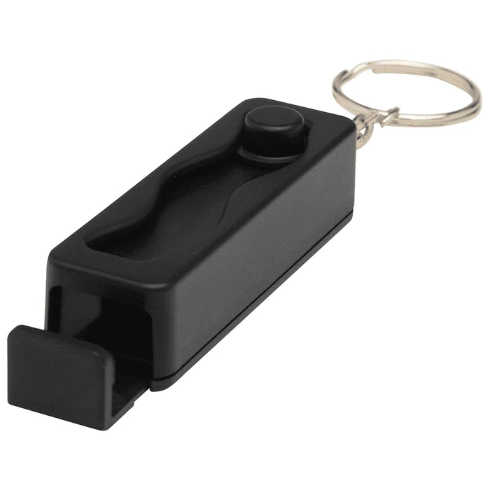 Aggia Recycled Plastic Phone Stand w/ Fidget Toy - A black plastic phone stand with a fidget toy and a keyring attachment.