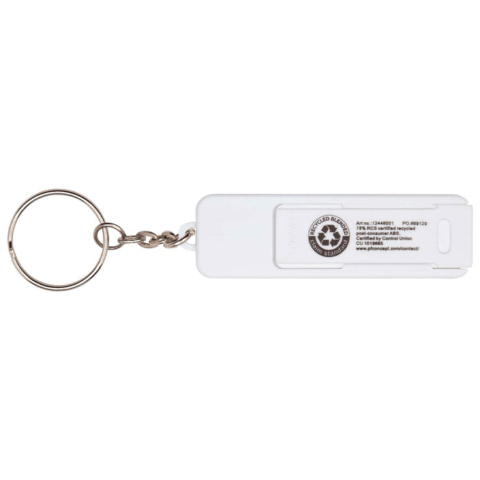 Aggia Recycled Plastic Phone Stand w/ Fidget Toy - A white plastic phone stand with a keyring, featuring a fidget toy and a logo on one side.