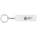Aggia Recycled Plastic Phone Stand w/ Fidget Toy - A white plastic phone stand with a keyring, featuring a fidget toy and a logo on one side.