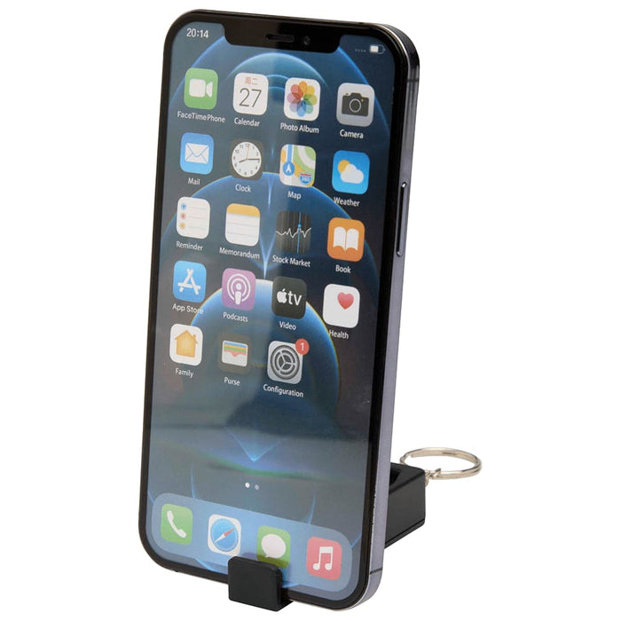 Aggia Recycled Plastic Phone Stand w/ Fidget Toy - A black recycled plastic phone stand featuring a fidget toy and displaying a smartphone with an app interface.