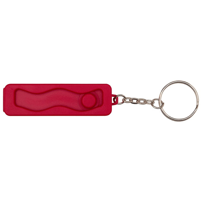 Aggia Recycled Plastic Phone Stand w/ Fidget Toy - A red recycled plastic phone stand with a fidget toy attached, featuring a keychain loop.
