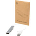 Alkaid 4-Port Recycled Aluminium USB-A & Type-C Hub w/ Dual Input - A silver 4-port USB-A and Type-C hub with a white connector, accompanied by a brown cardboard packaging.