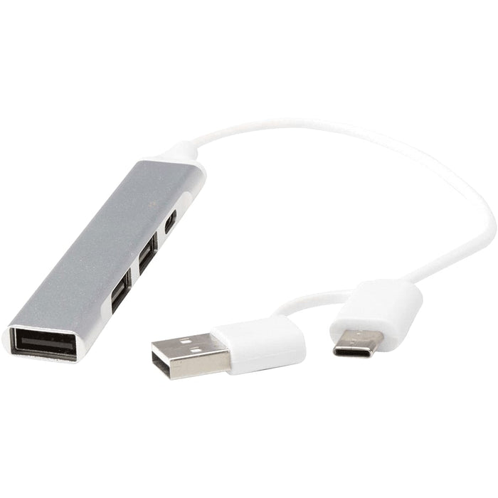 Alkaid 4-Port Recycled Aluminium USB-A & Type-C Hub w/ Dual Input - A silver 4-port USB hub with two types of connectors: USB-A and USB-C, accompanied by a white cable.