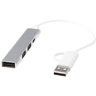 Alkaid 4-Port Recycled Aluminium USB-A & Type-C Hub w/ Dual Input - A silver USB hub with four ports, including USB-A and Type-C connections, attached to a white cable.